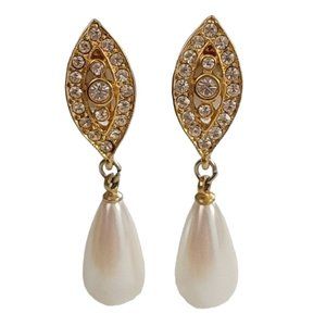 Gold Tone Clear Rhinestone Faux Pearl Dangle Clip On Earrings K915